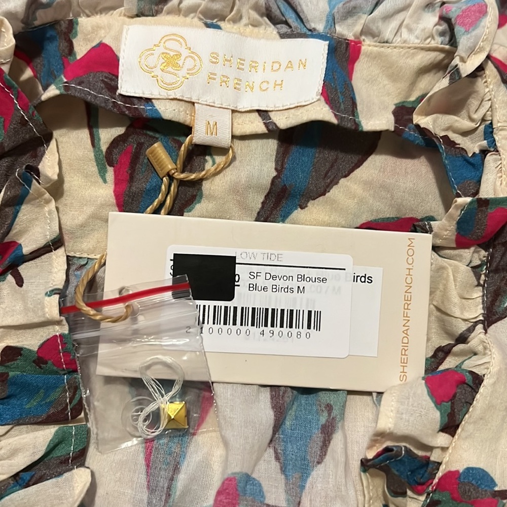 SHERIDAN FRENCH DEVON BLOUSE IN BEIGE + BLUE BIRDS Size M - Picture 6 of 7